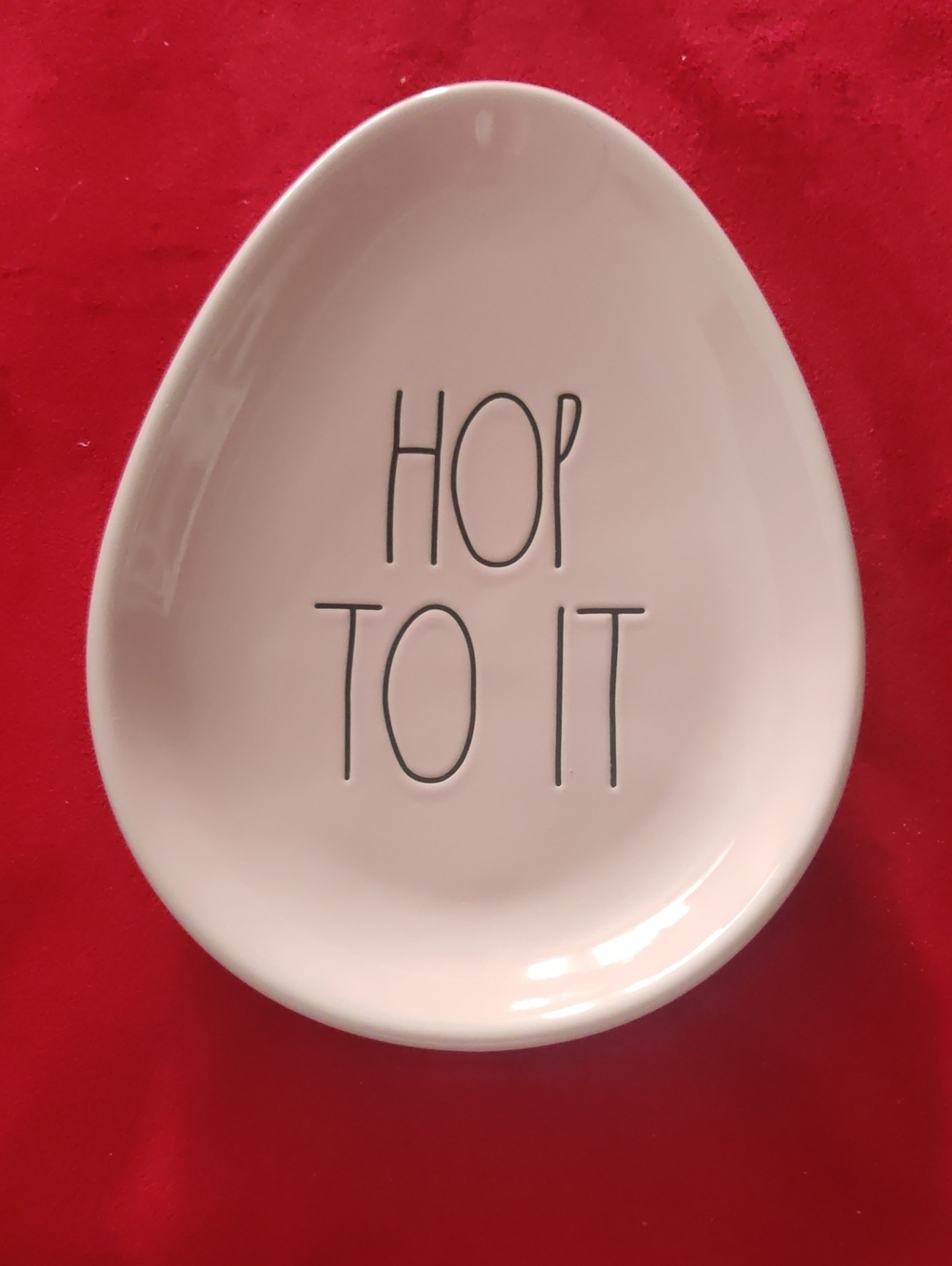 Rae Dunn White Easter Egg Shaped Plate Trinket Dish HOP TO IT 6 x 8 in. Magenta